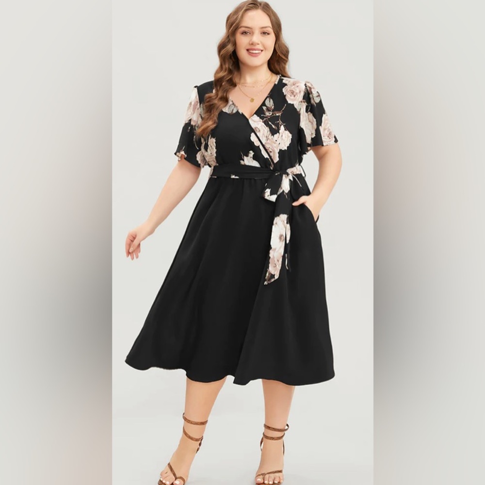 BloomChic Floral Printed Midi Dress 4X 26 Black Pink Roses Surplice Neck Belted